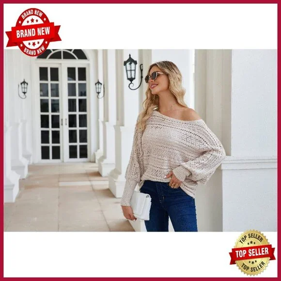 Oversized Off Shoulder Knit Sweater Batwing Sleeve Crochet Pullover - Picture 8 of 8